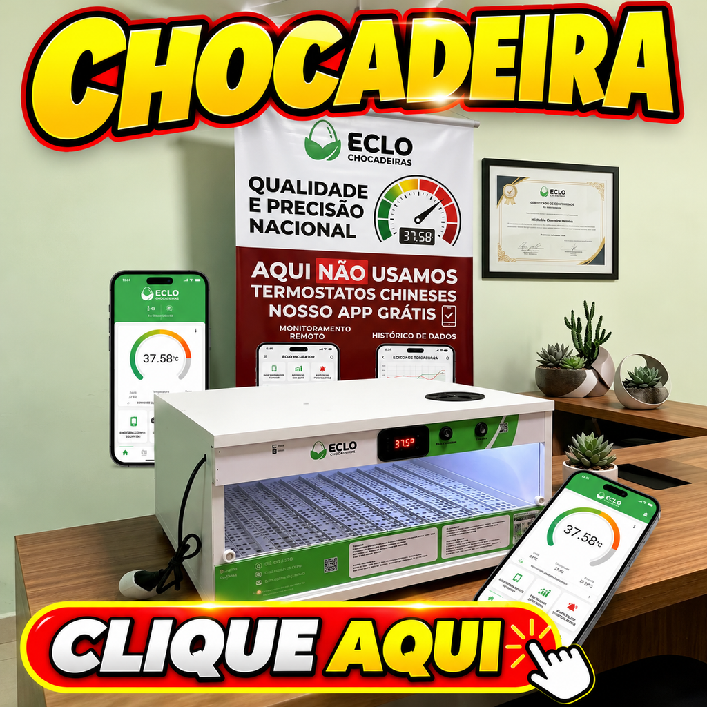 Chocadeira elétrica Eclo para incubação de ovos de codorna, ovos de galinha e outras aves, com controle digital de temperatura, monitoramento pelo celular e aplicativo para acompanhamento da incubação.
Conheça a chocadeira elétrica Eclo para incubação de ovos de codorna, galinha e outras aves. Uma opção para criadores que procuram uma chocadeira com controle digital de temperatura, monitoramento pelo celular e aplicativo para acompanhar os dados da incubação. Quer saber mais sobre a chocadeira Eclo, suas funcionalidades e se ela atende às suas necessidades? **Clique aqui para conferir o produto, as especificações e as condições de compra.**