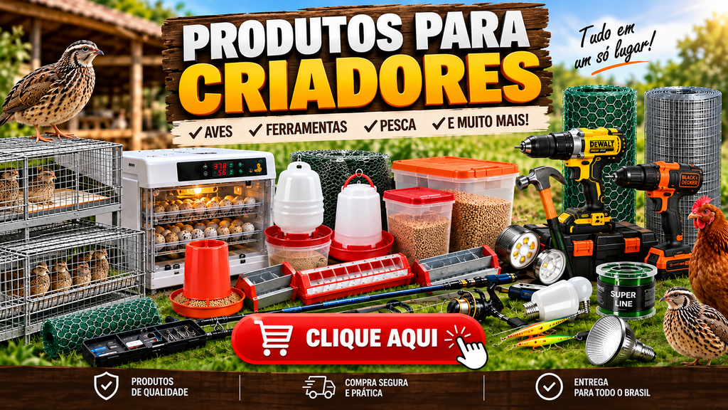 Clique nesta imagem para comprar chocadeira, telas para viveiros, gaiolas, comedouros, bebedouros,parafusadeiras e mais ferramentas e equipamentos para criação de codorna.