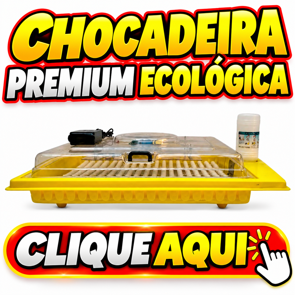 Chocadeira Premium Ecológica automática para incubação de ovos de codorna, galinha e outras aves. Chocadeira elétrica amarela com tampa transparente, sistema de roletes para acomodação dos ovos e componentes de controle, ideal para criadores que procuram chocadeira automática para ovos férteis, chocadeira para codornas e chocadeira para galinhas. Clique aqui para conhecer o produto, conferir suas características e consultar o preço. Chocadeira Premium Ecológica automática
Chocadeira automática para ovos férteis
Chocadeira elétrica para ovos de codorna
Chocadeira para ovos de galinha
Chocadeira automática para aves
Comprar chocadeira automática
Chocadeira Premium Ecológica vale a pena?