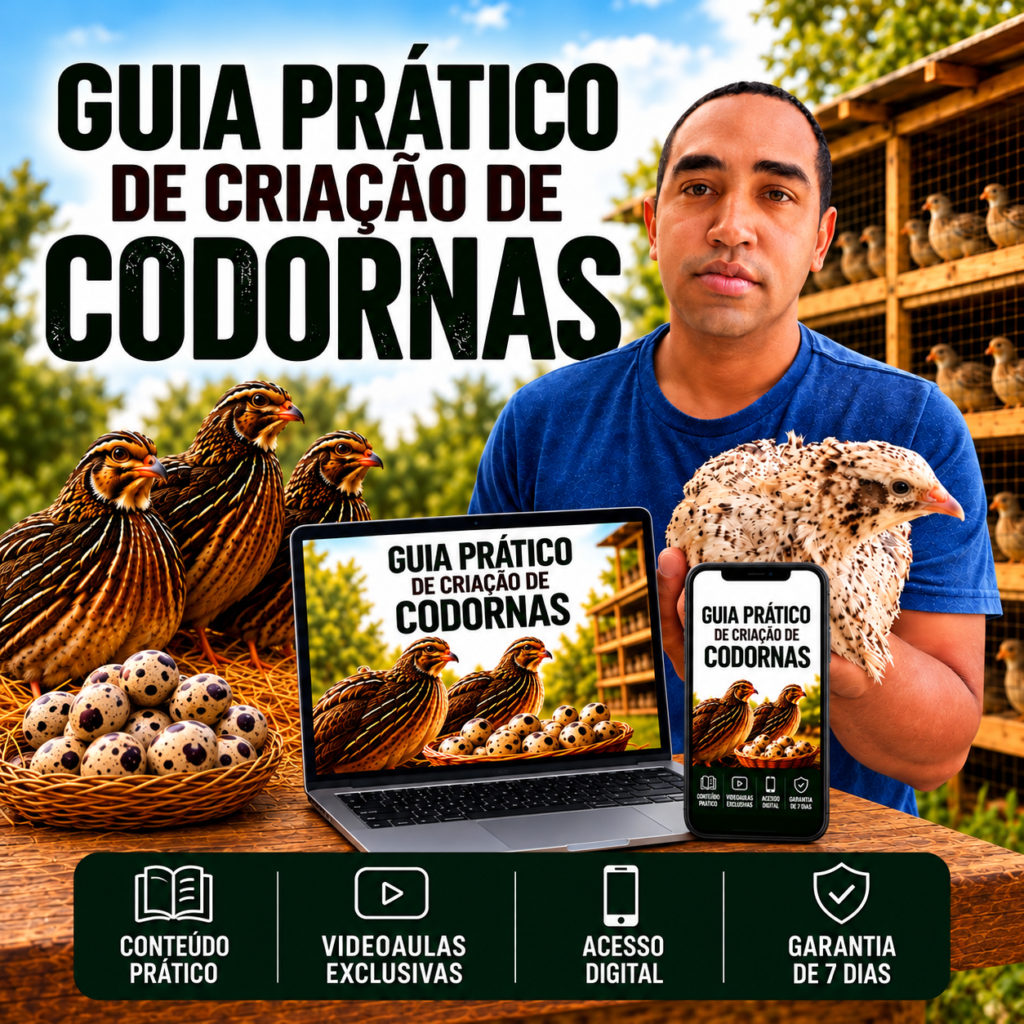 Guia Prático de criaçao de codorna criatorio mateus gomes chagass, passo a passo para criar codorna, tudo sobre coturnicultura, oos ferteis de codorna gigante, japônica e chinesa. Para quem nunca criou codorna na vida, ou para quem já cria a tempo, adquirindo este guia você aprenderá tudo o que precisa para ter sucesso na criação de codorna, o passo a passo de como cuidar das codornas recém nascidas, como chocar os ovos de codorna do jeito certo, qual temperatura ideal, aprenderá como fazer ração de postura para codorna e as demais: 1º Aula: Por que Criar Codorna; 2º Aula: Instalação do Criatório; 3º Aula: Comprar ou Fazer Chocadeira; 4º Aula: Comprar os Ovos Férteis ou a Codorna, e qual codorna criar; 5º Aula: Como Colocar os Ovos na Chocadeira; 6º Aula: Como Fazer Ovoscopia; 7º Aula: Manejo; 8º Aula: Preparação para Eclosão; 9º Aula: Eclosão das Codornas; 10º Aula: Manejo; 11º Aula: Planejamento Financeiro; 12º Aula: Como Saber Se a Codorna é Macho ou Fêmea; 13º Aula: Conclusão; 14º Aula: Dicas da Criadeira; 15º Aula: Receita de Ração de Postura; 16º Aula: Ração para Postura 2º Fórmula; 17º Aula: Como Regular Temperatura da Chocadeira e Incubação; 18º Aula: Manejo; 19º Aula: Estratégia de Negócio; 20º Aula: Como Fazer Conserva de Ovos de Codorna; 21º Aula: Limpeza da Codorna; 22º Aula: Dicas de Incubação; 23º Aula: Manejo; 24º Aula: Como Aumentar a Proteína da Ração Inicial. A vantagem é que este guia é praticamente um curso de criação de codorna, e o melhor de tudo é que é no formato de videoaulas ensinando na prática.