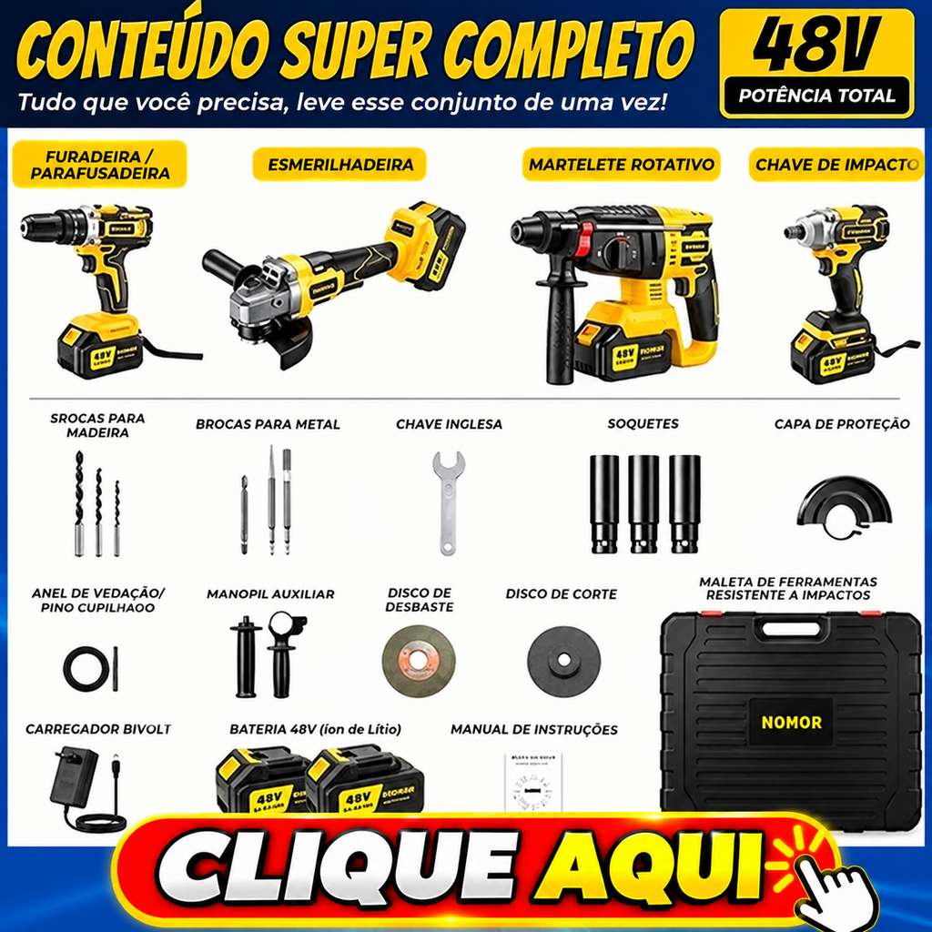 Kit de ferramentas elétricas 48V completo com furadeira e parafusadeira, esmerilhadeira, martelete rotativo, chave de impacto, baterias e maleta de acessórios – confira a oferta na Shopee.