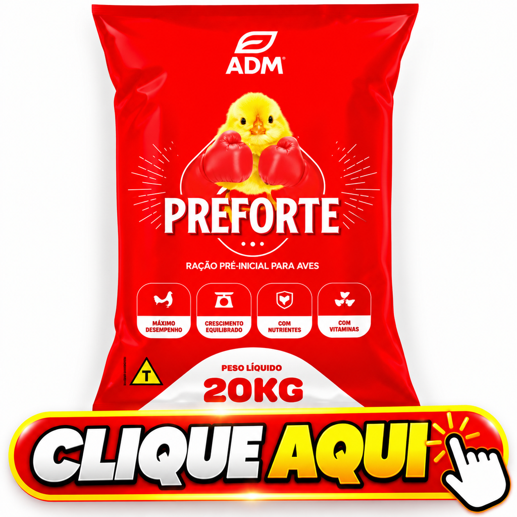 Ração Prefort ADM de 20 kg para aves, ração pré-inicial para pintinhos e alimentação de aves jovens, indicada para a fase inicial de criação conforme as recomendações do fabricante. Ração para crescimento de codornas, codornas jovens e pintinhos de galinha. Saco de ração vermelha Prefort com nutrientes e vitaminas para auxiliar no desenvolvimento das aves.