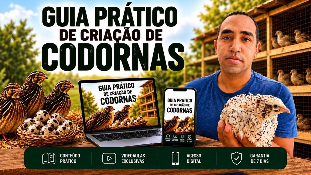 Capa do Guia Prático de Criação de Codornas exibida em um laptop, com um criador ao lado e codornas e ovos nas laterais. Clique na imagem para adquirir o guia prático e aprender como criar codornas do jeito certo atráves certo